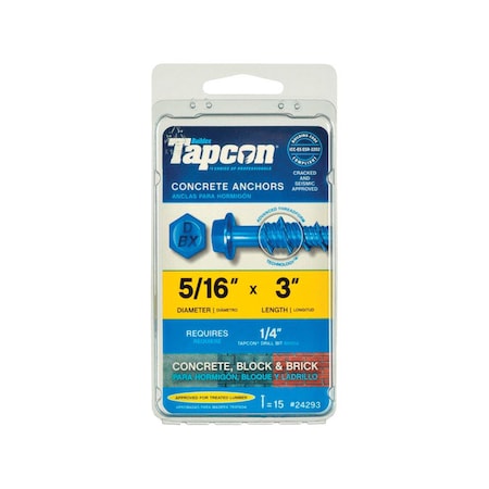 Tapcon Tapcon Concrete Screw, 5/16" Dia., Hex, 3 in L, Steel 24293